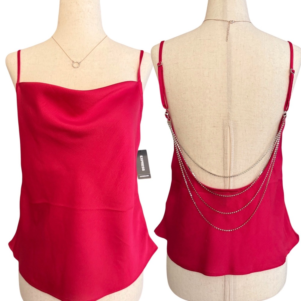 NWT Express Rhinestone Chain Blouse Women Size S Pink Sexy Back Club Date Night